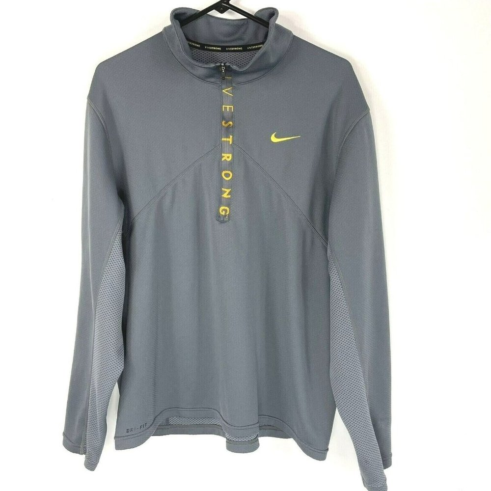 Nike Livestrong Mens Size XL Dri Fit Quarter Zip Pullover Gray Log Zip Pockets